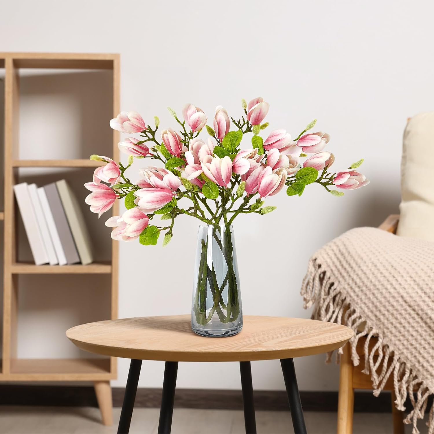 6 PCS 27inch Artificial Magnolia Flowers 3D Real Touch 24 Heads Faux Magnolia Flower buds Realistic Long Stem with lush Green Leaves for Home Wedding Table Office Floral Arrangement Decoration (Pink)