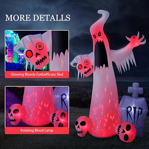 Miniatura 2 de Inflables de Halloween de 12 pies para exteriores, decoración de patio, fantasma blanco de terror con 3 cabezas de calavera sangrante, lápida de