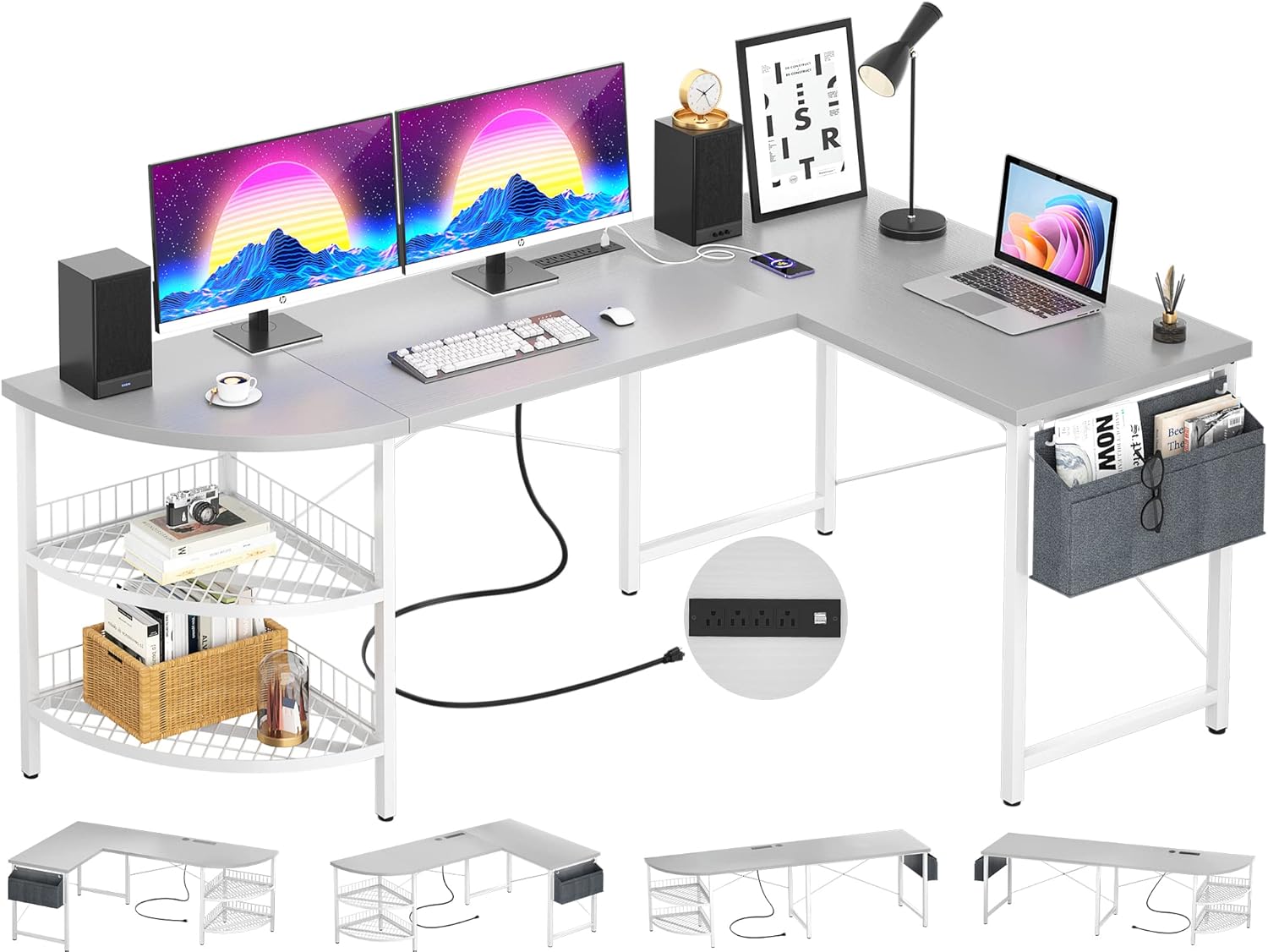 Unikito L Shaped Desk with Power Outlet, 98.4" Reversible Corner Computer Table with Storage Shelves and Bag, Modern 2 Person Large Long Desk for Home Office Writing Study Workstation, Grey