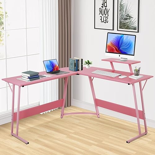 BLKMTY Escritorio en forma de L para juegos de PC, escritorio para computadora con soporte para monitor, escritorio grande para estudiar, mesa