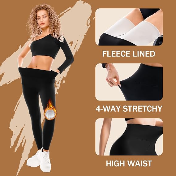 SINOPHANT Fleece Lined Leggings for Women, High Waisted Thermal Winter Thick Warm Ladies Leggings