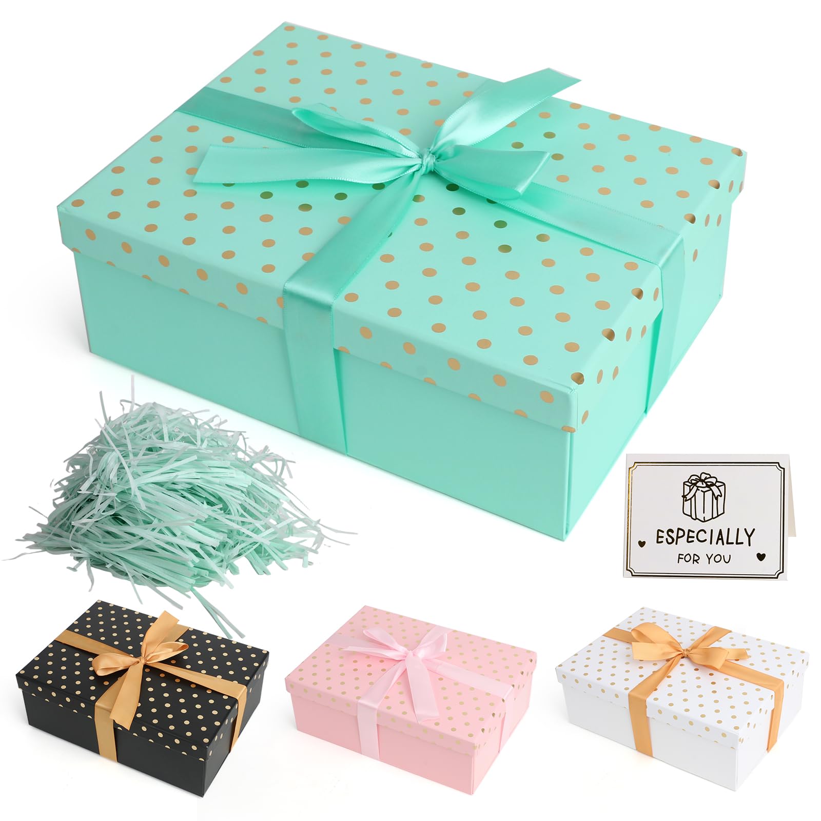 Gift Box Set for Presents Large Gift Boxes for Presents Gold Dots Foldable Present Boxes with Card, Shredded Paper, Ribbon for Valentines Day Weddings Birthday Anniversaries(Green)