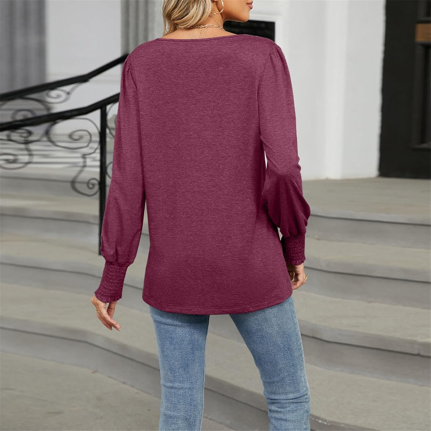 Womens Tops Fall V Neck Ruffle Cuffs Long Sleeve Blouse Casual Loose Dressy Shirts olid Tunic for Work