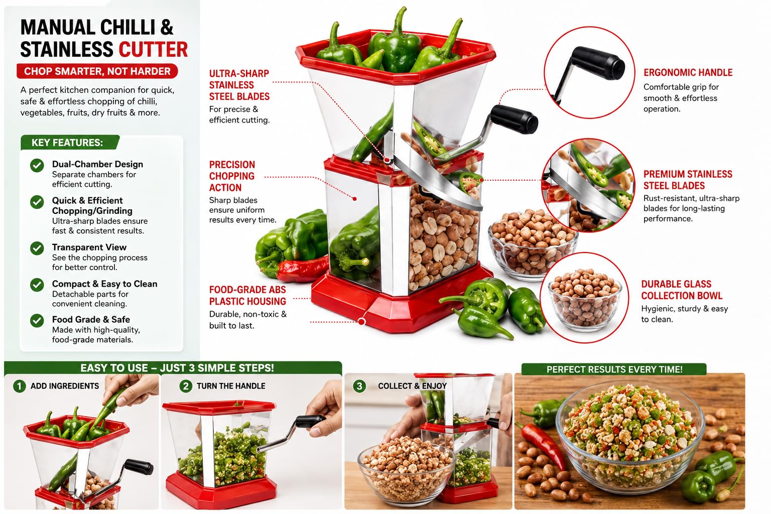 Red Manual Food Chopper - Fast & Easy Prep -9
