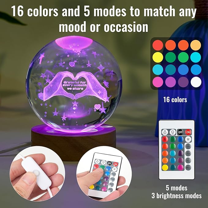 ShimmerLoom 3.15" 3D Heart Crystal Ball Night Light- 6 Colors LED Lamp with Remote & Wooden Base, Romantic Decor & Christmas Gifts for Couples, Wives, Daughters, and Special Occasions photo 3
