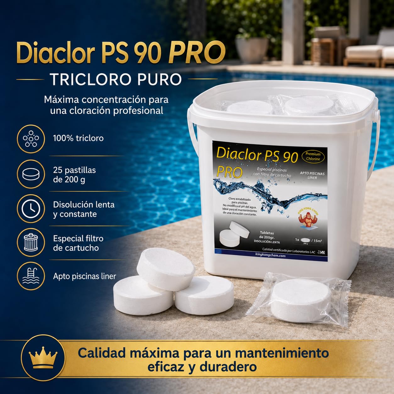 Pastillas de tricloro Puro para Piscinas de Liner/Poliester - DIACLOR PS 90 Pro 5 KG - Envasado Individual - 25 Pastillas Grandes de Cloro Lento (200 gr- 7,5 cm Diámetro)