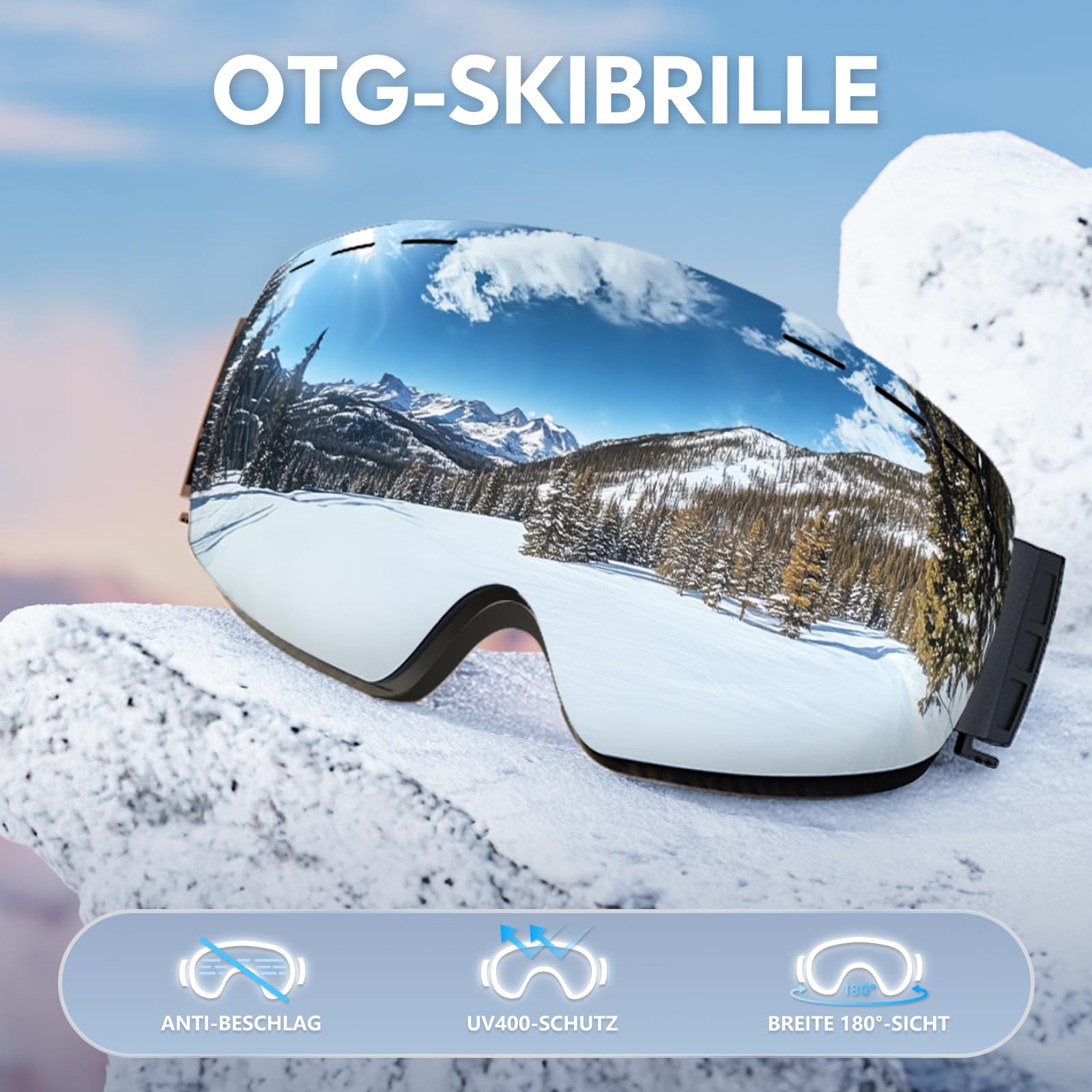 DADA-PRO Skibrille Herren Damen Ski Brille 100% UV Schutz Anti Fog Helmkompatibel Rahmenlose Skibrille für Brillenträger OTG Ski Goggles Snowboard Brill