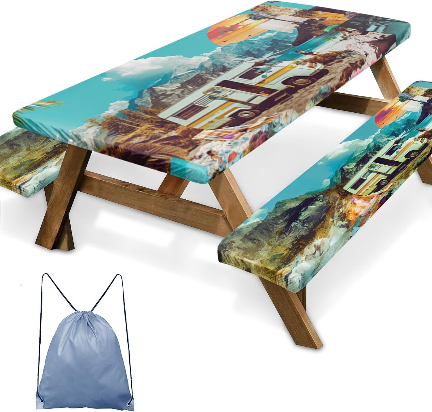 3 Piece Fitted Picnic Table Cover with Bench Covers, 72"x30" Full Elastic Edge Camping Tablecloth, Waterproof Wipeable RV Outdoor Patio Park Camping Essentials with Drawstring Bag (Travel)