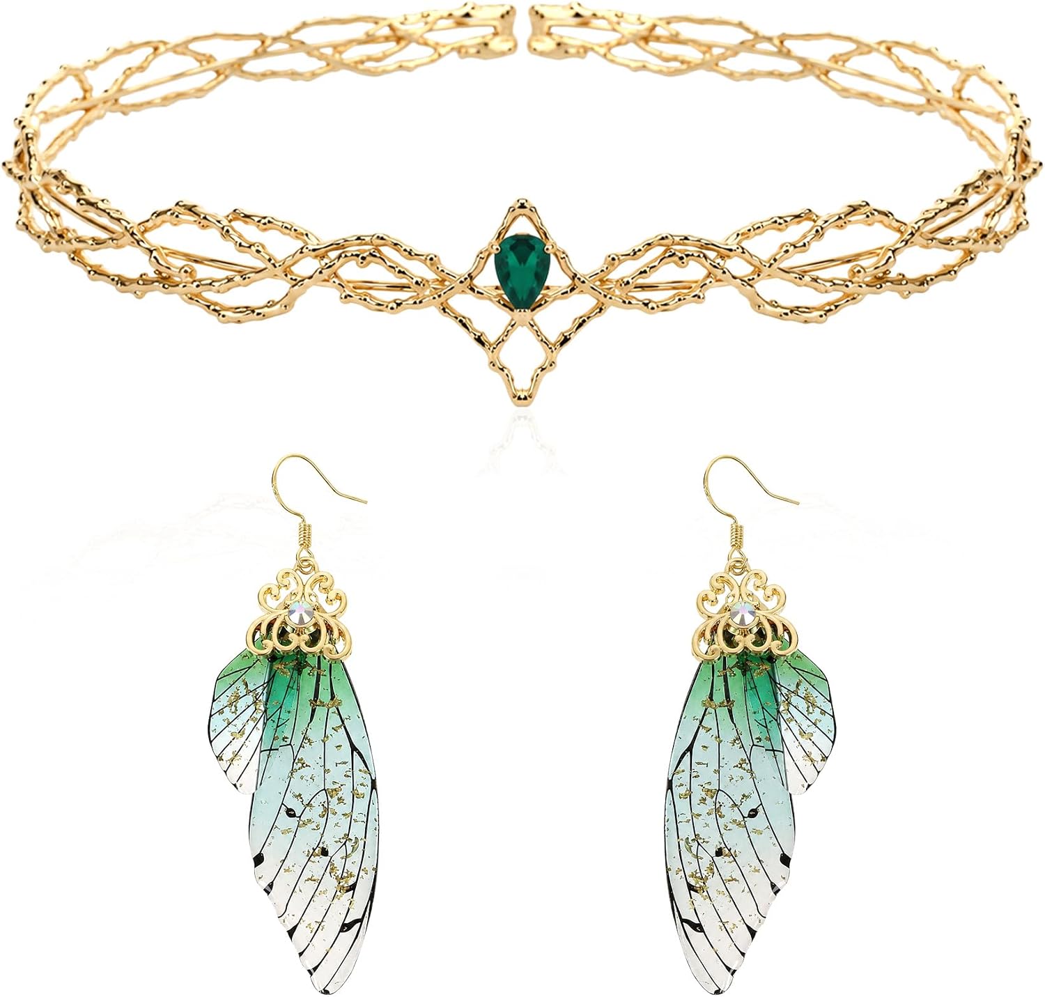 Fairy Elf Tiara Crown with Cicada Wing Dangle Earrings Set for Renaissance Cosplay Halloween Party Costume Accessory