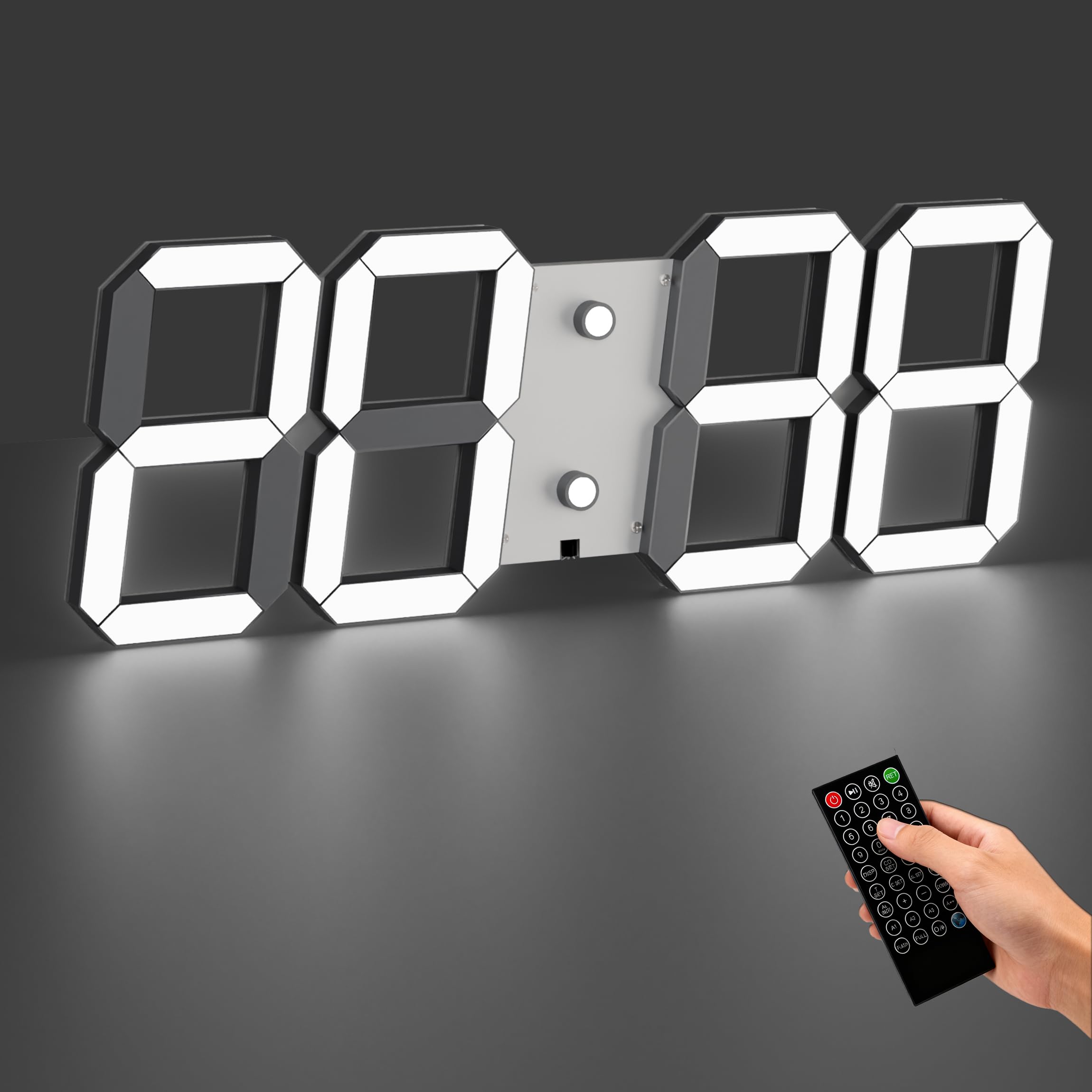 CHKOSDA Orologio da parete digitale a LED 3D, 44 cm, leggibilità fino a 50 m, bianco | cifre da 15 cm, telecomando, dimmer automatico, timer, alimentazione a rete per soggiorno, fitness, garage, ufficio, scuola.