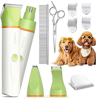 Unibono Dog Grooming Clipper Kit, Quiet Cordless Pet Clipper for Dogs & Cats, Silent Dog Cat Shaver for Paws, Claws, Eyes, Ears, Face with Grooming Scissors Comb, Green