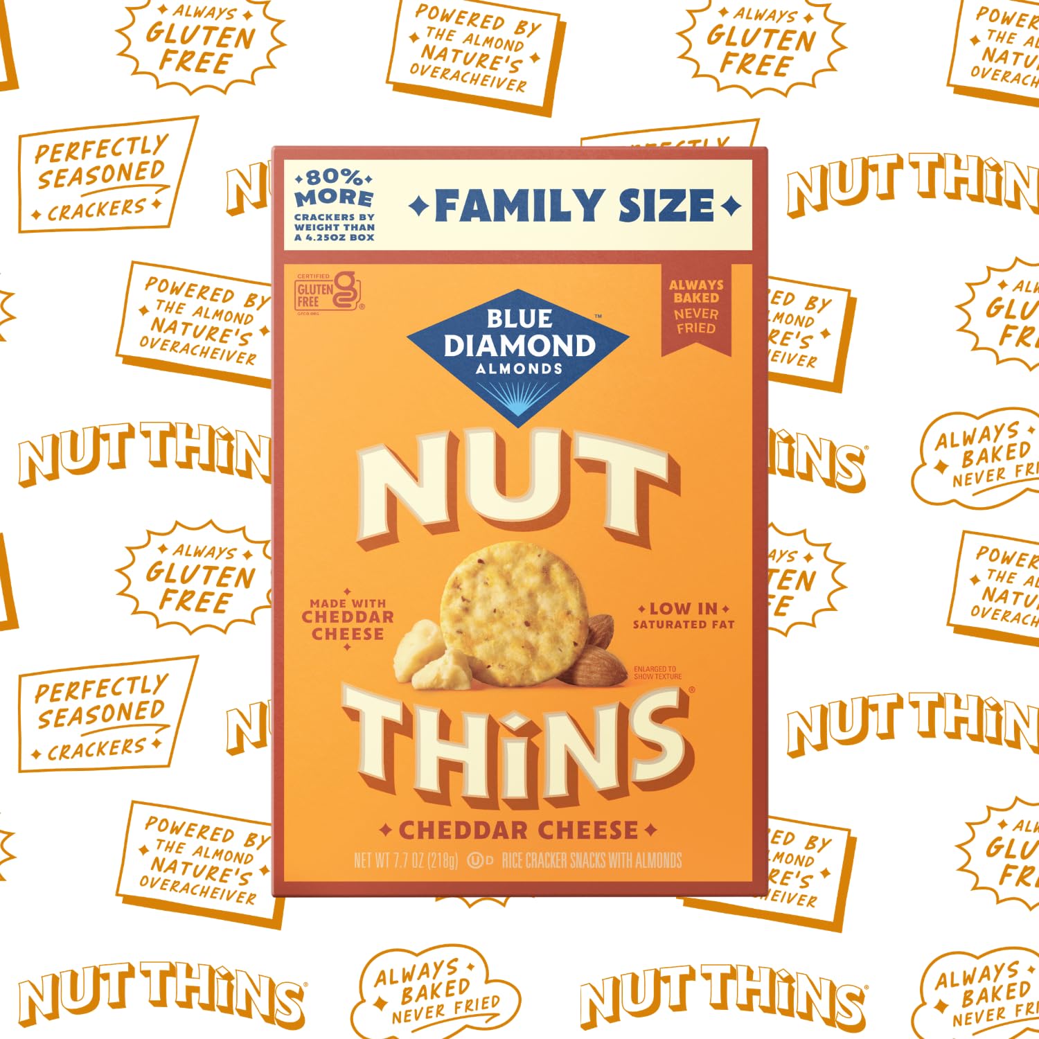 Blue Diamond Almonds Nut-Thins Gluten Free Cracker Crisps, Cheddar Cheese, Family Size, 7.7 oz (Pack of 6)