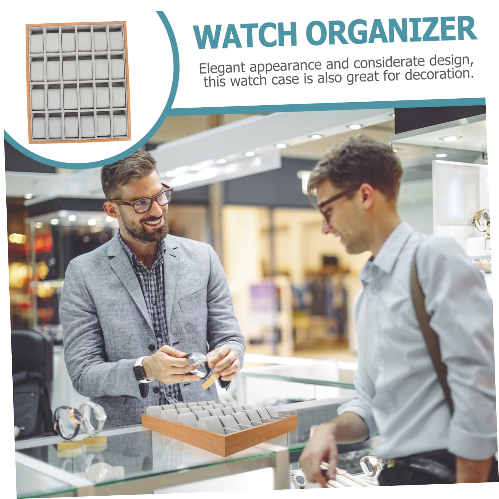 Mikikit Uhrenaufbewahrungsbox 24 Fächer Beige für Präsentation | Schmuck und Kleinteile, für Privatnutzung und Ladenpräsentation, Elegante Optik