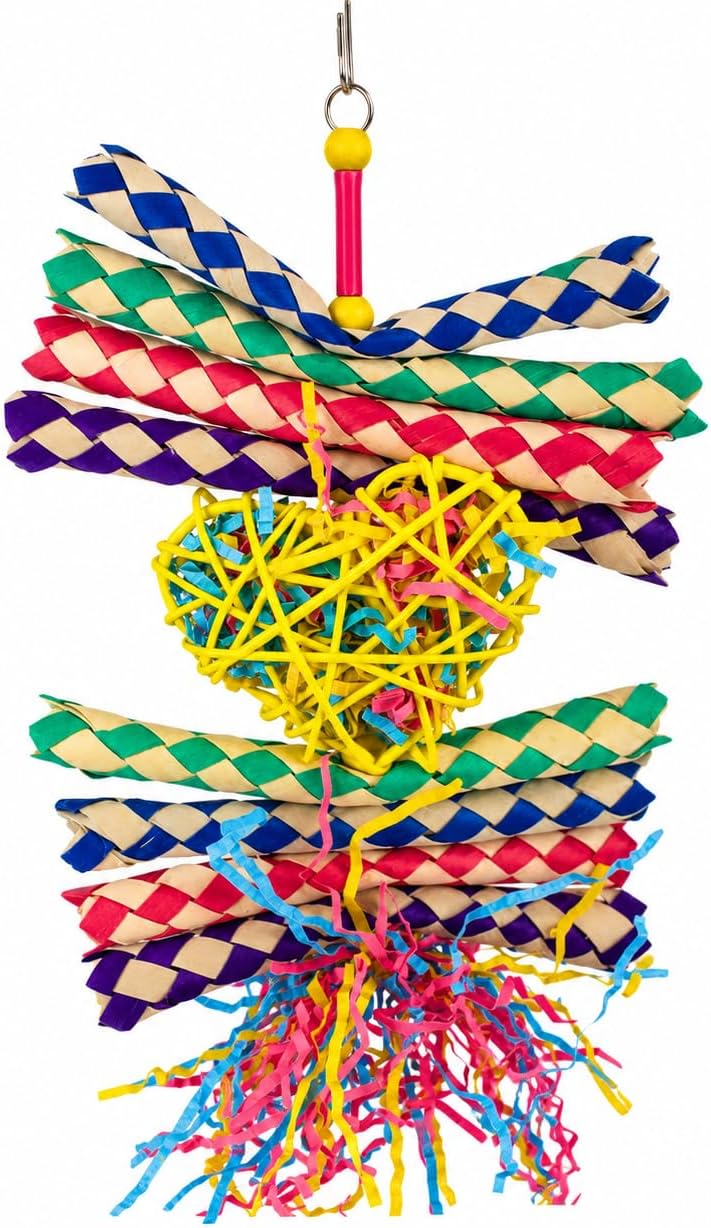 Bonka Bird Toys 1730 Foraging Valentine Heart Bird Toy for Medium Birds Shredding and Chewing Cage Toy Colorful Palm Leaf and Paper Foraging Toy 9" x 6"