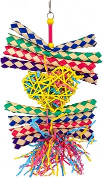 Bonka Bird Toys 1730 Foraging Valentine Heart Bird Toy for Medium Birds Shredding and Chewing Cage Toy Colorful Palm Leaf and Paper Foraging Toy 9" x 6"
