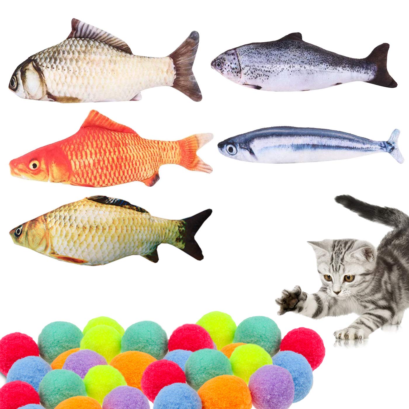 Zuzer Catnip Fish Toys For Cats, 5pcs Cat Fish Pillow 20cm Fish Toy Cat Toys Cat Chew Toys with 30pcs Cat Balls Pet Toy for Cats Kitten Dog Training Playing Chewing