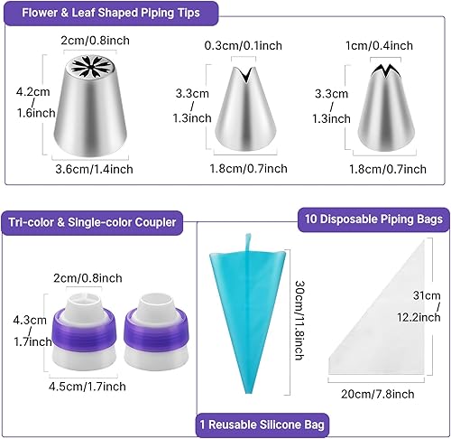 Miniatura 3 de Shofilt Juego de 27 puntas de tubería rusas, juego de bolsas de glaseado y puntas para decoración de pasteles (12 puntas de glaseado, 10 bolsas de