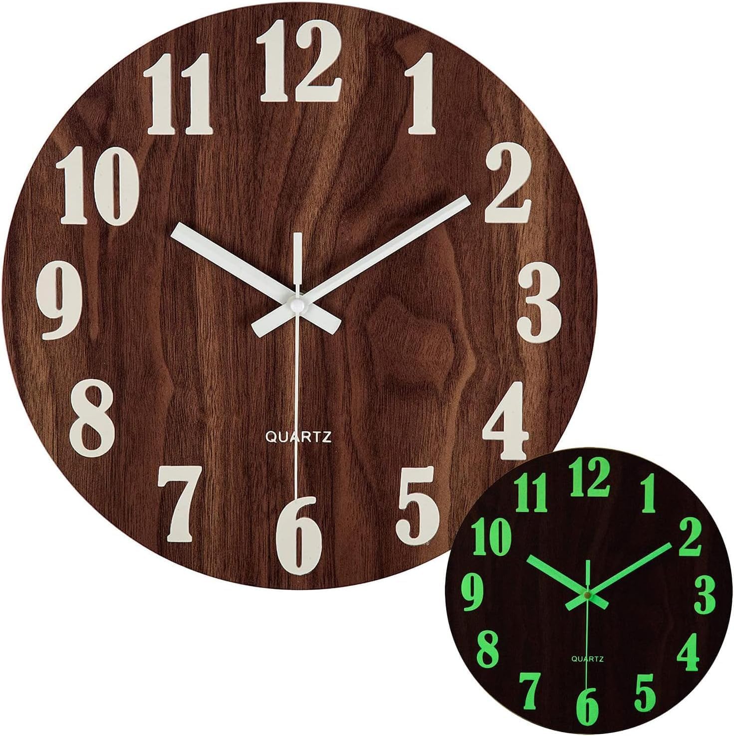 Wall Clocks,Modern Night Light Wall Clock,Wooden Round Clock,Non-Ticking,for Kitchen Bedroom Office Home,12 Inch 2026