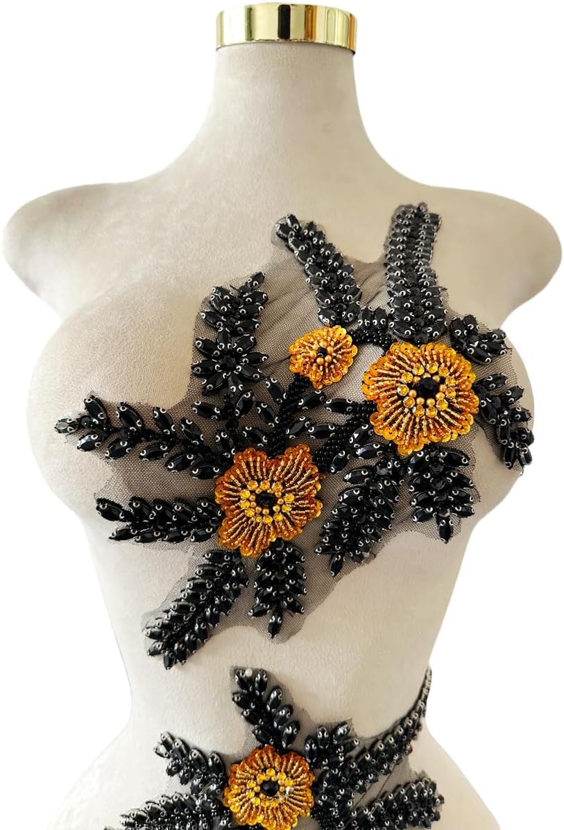 Two Colors Handmade Beaded Crystal Patches Bodice Lace DIY Applique Patches Accessory for Dress Clothes 1 Pair 8X12inches (Black Gold)