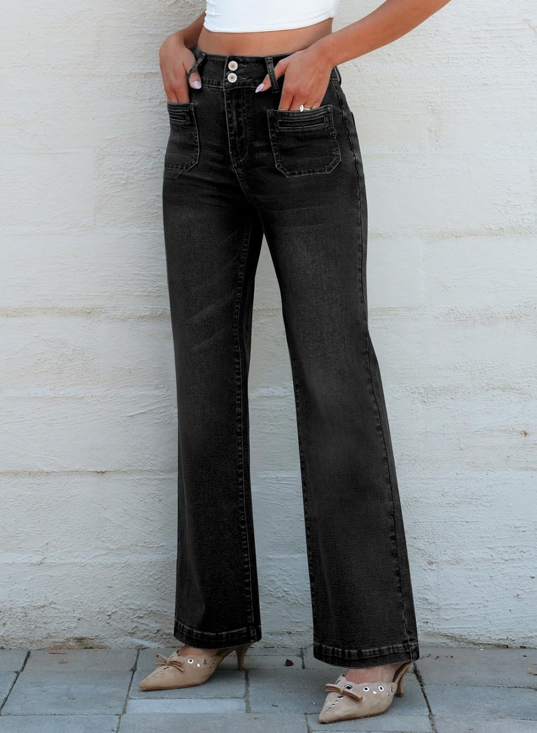 Sidefeel Women's Wide Leg Jeans High Waisted Tummy Control Stretchy Pockets Front Straight Leg Jeans - Image 3