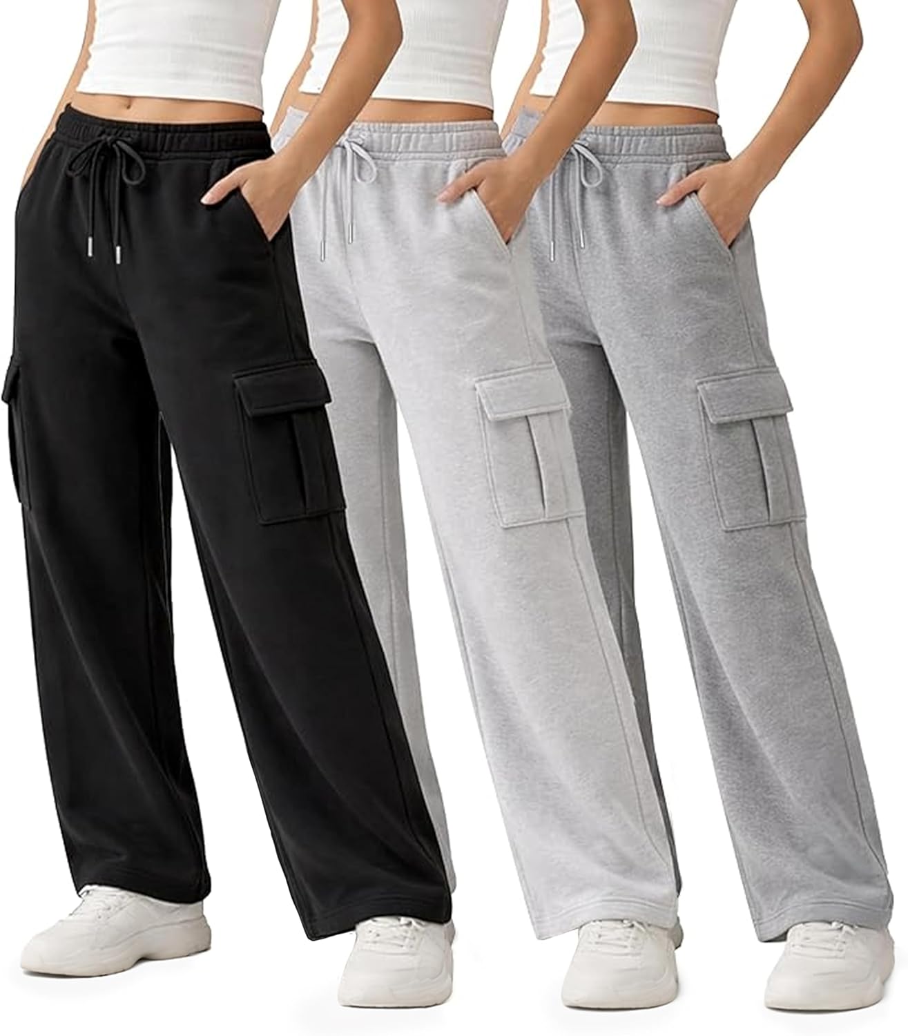 Common Stitch 3 Pack Sweatpants Women, Wide Leg Cargo Womens Sweatpants, Wide Leg Pants with Pockets (Available in Plus)