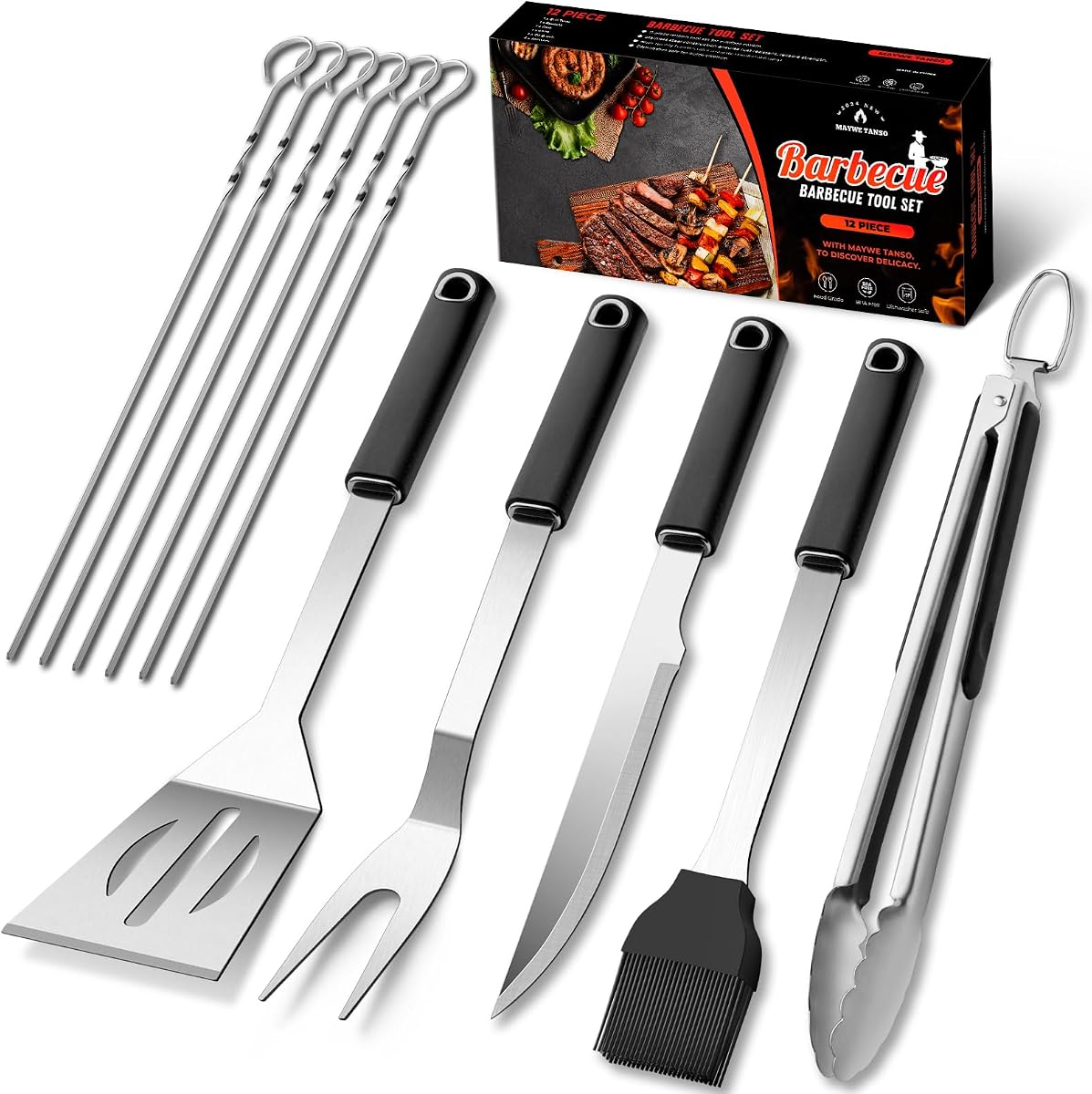 Juego de herramientas para parrilla de 11 piezas, accesorios para barbacoa y parrilla, utensilios para barbacoa al aire libre | Acero inoxidable resistente, con caja de regalo, pinzas para parrilla, espátula, tenedor, cuchillo, cepillo, brochetas, regalos para asar para hombres, día del padre