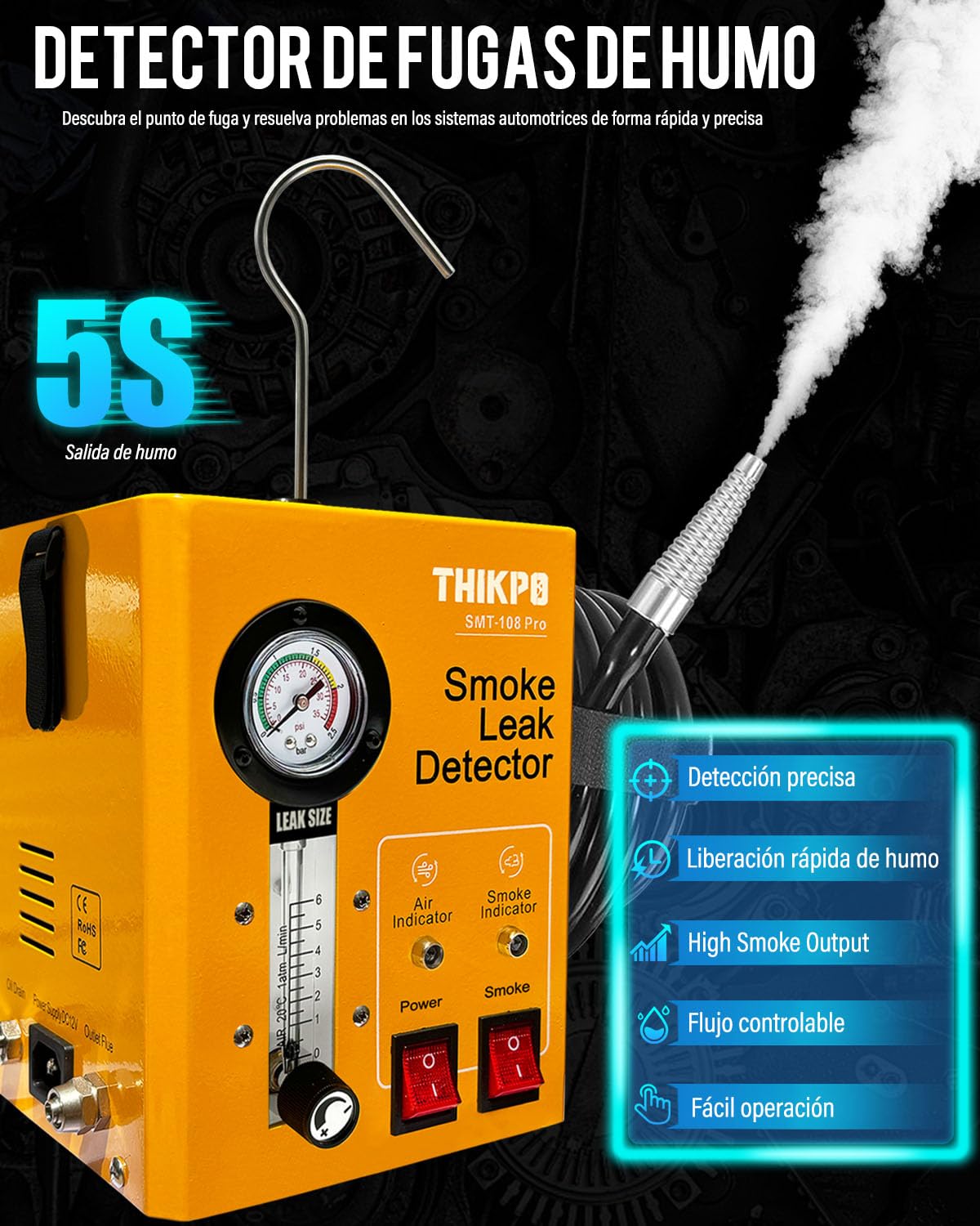 Máquina de Humo Detector 12V, EVAP Detector Fugas Humo, Fugas de Automóviles Detectar para Sistema de EVAP, Sistema de Combustible del Coche (Amarillo)