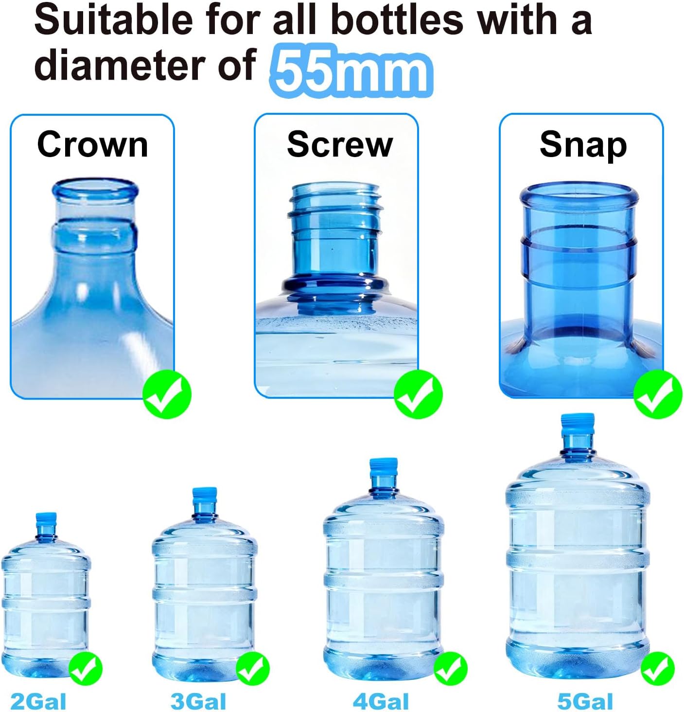 3 Pack 3 and 5 Gallon Water Jug Cap, Upgrade Silicone Reusable Replacement Caps, Non Spill Lids for 55mm Standard/Screw/Crown Tops Water Bottle - Image 2