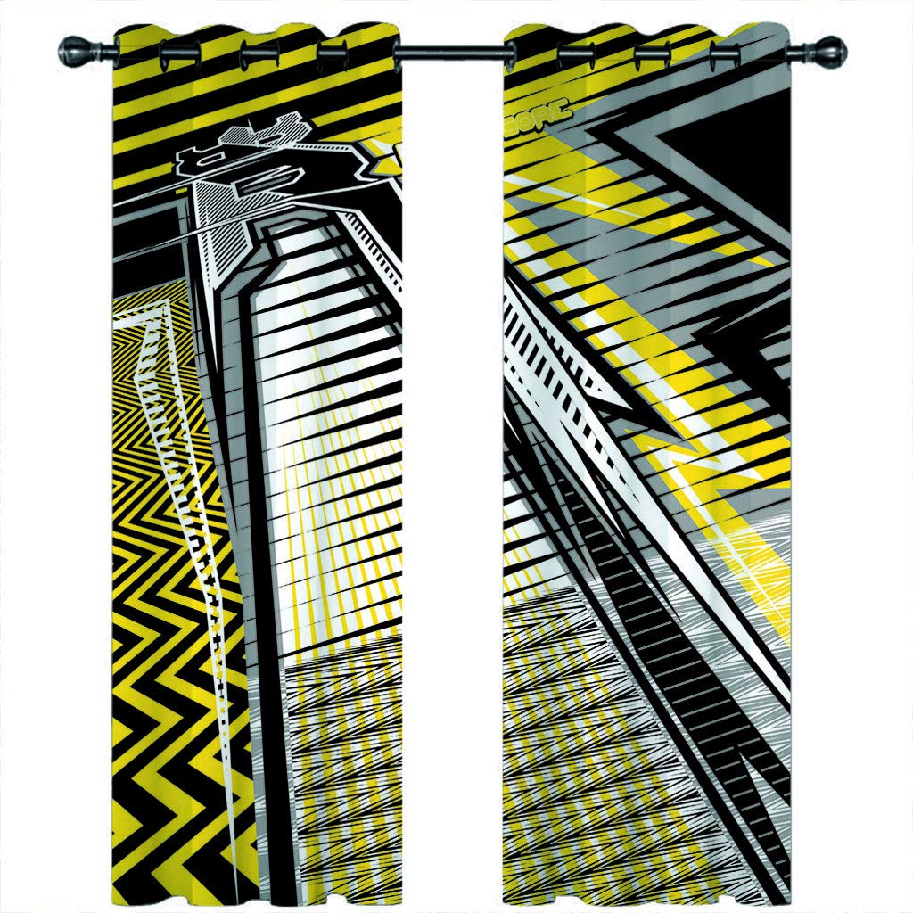 Cortinas Opacas Termicas Aislantes Frio Y Calor 280X260Cm（An X Al）Con Ojales 3D Edificio Geométrico Negro Y Amarillo Patrón Decoración Ventanas Para Habitacion Dormotorio Salon Modernas 2 Piezas