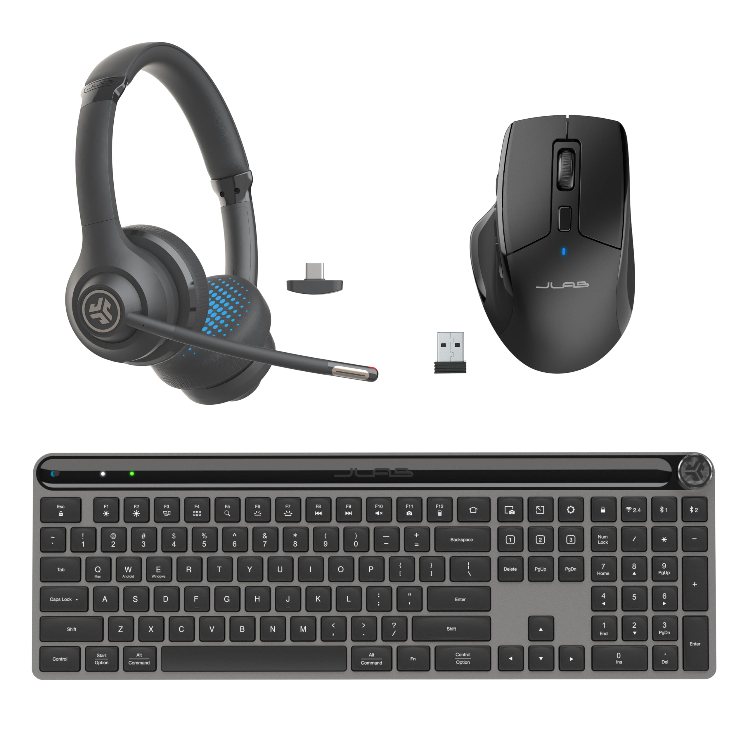 JLab Work Bundle, Go Work 2 Headset, Epic Wireless Keyboard and JBuds Wireless Mouse