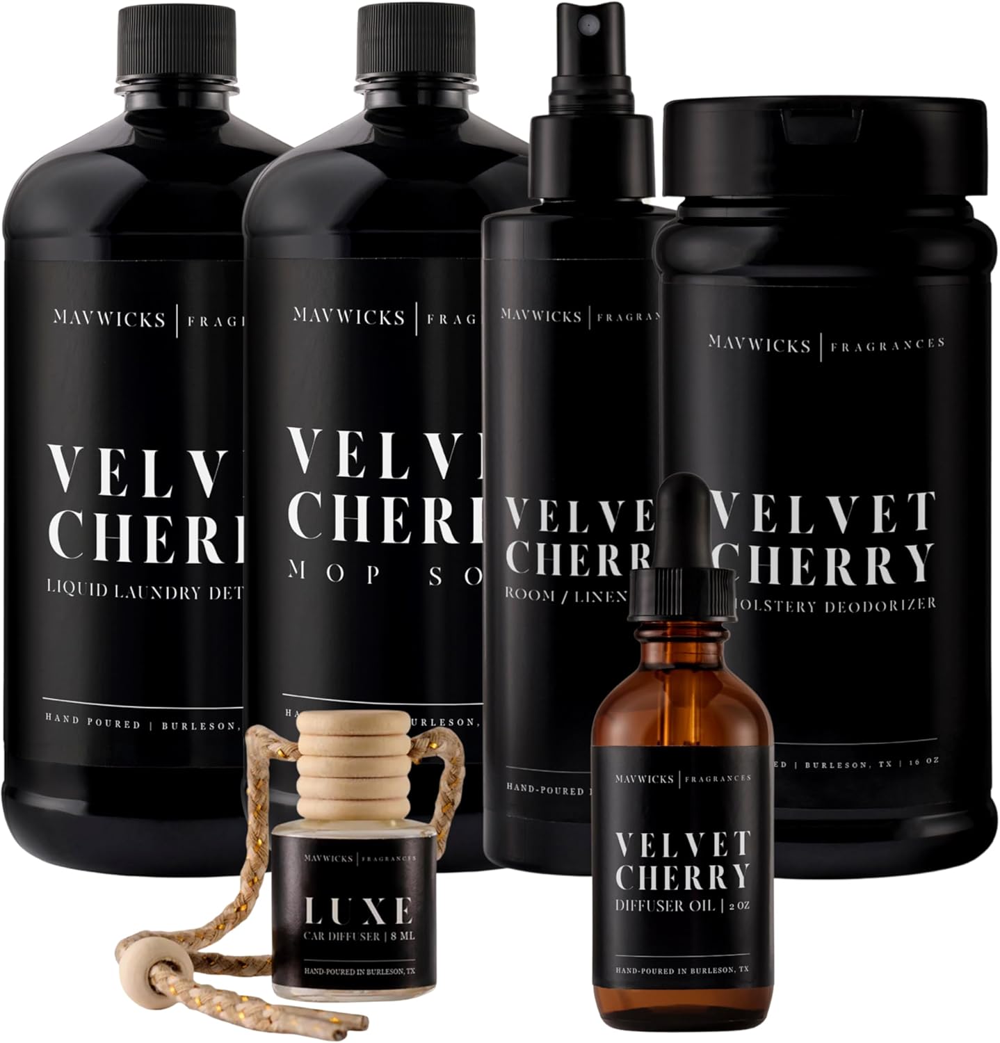 Fragrances - Lovers Bundle – 6-Piece Set | Velvet Cherry | Laundry Detergent 32oz, Mop Soap 32oz, Linen & Room Spray 8oz, Diffuser Oil 2oz, Upholstery Deodorizer 16oz & Car Diffuser