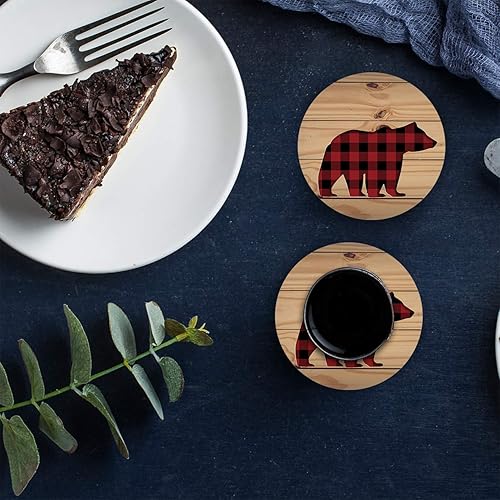 Miniatura 7 de Juego de 4 posavasos de cerámica para bebidas, diseño de oso a cuadros de búfalo rojo, madera, único, absorbente, redondo, cerámica, con respaldo de