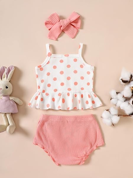 Conjunto de 3 piezas de ropa de verano para bebé niña con lunares, camiseta con volantes, pantalones cortos y diadema - 2
