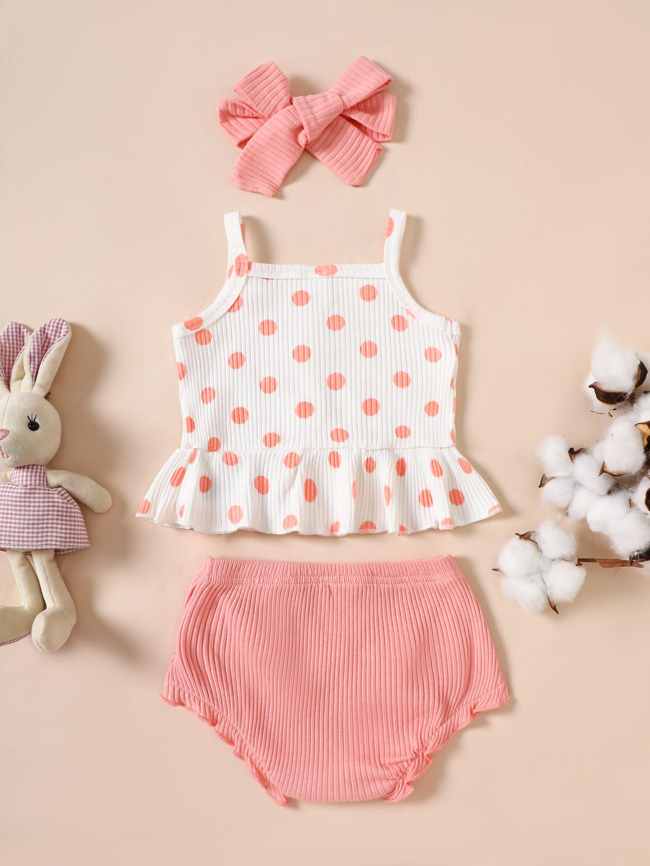 Conjunto de 3 piezas de ropa de verano para bebé niña con lunares, camiseta con volantes, pantalones cortos y diadema — view 2