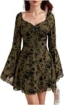 WDIRARA Women's Floral Print Mesh Gothic Dress Square Neck Bell Sleeve A Line Vintage Dresses