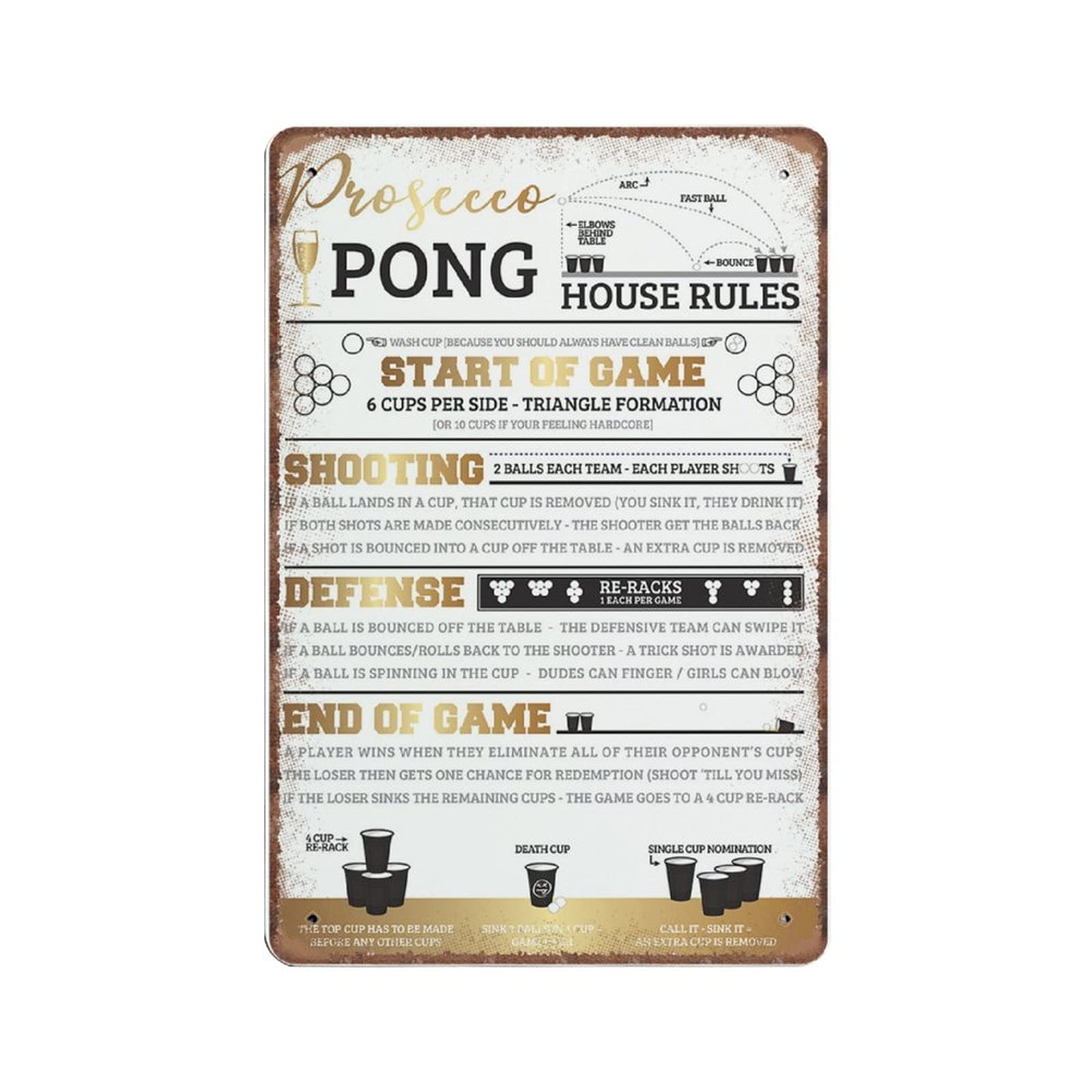 Dreacoss Material_tin 13 Prosecco Pong House Rules Tin Signs - Funny Vintage Metal Sign Plaqu Poster Wall Art Pub Bar Kitchen Garden Bathroom Home Decor, 140Mm X 200Mm