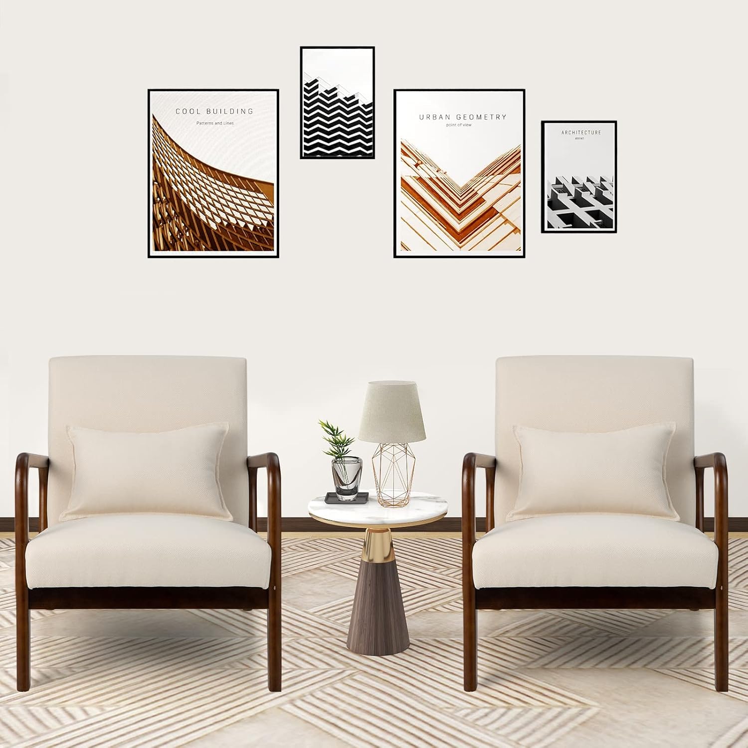 GORELAX Mid Century Modern Accent Chair, Upholstered Lounge Armchair with Wood Frame & Lumbar Pillow, Comfy Reading Chair for Living Room, Bedroom, Office (1, Beige)