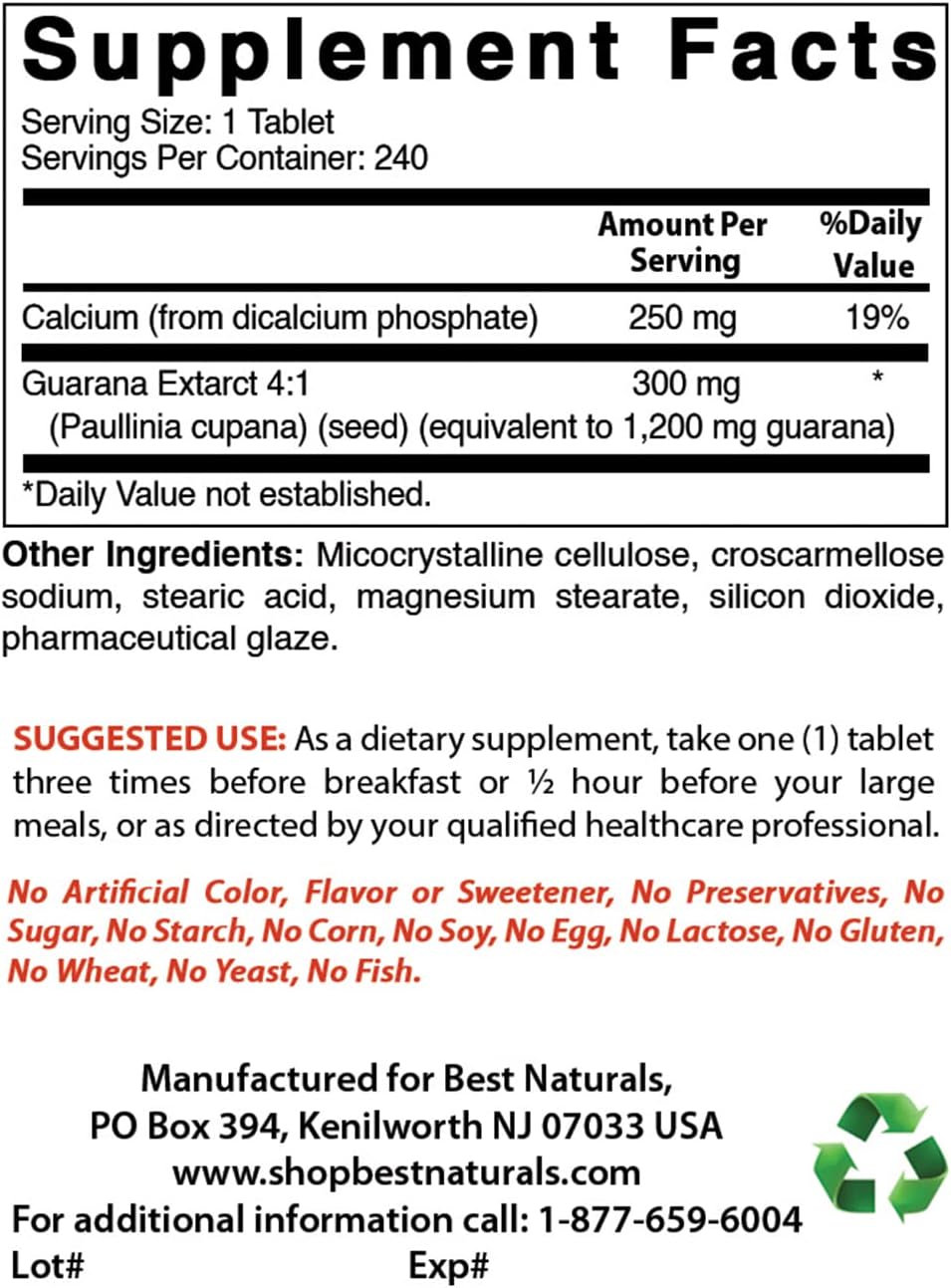 Best Naturals Guarana 1200 mg 180 Tablets (180 Count (Pack of 3))