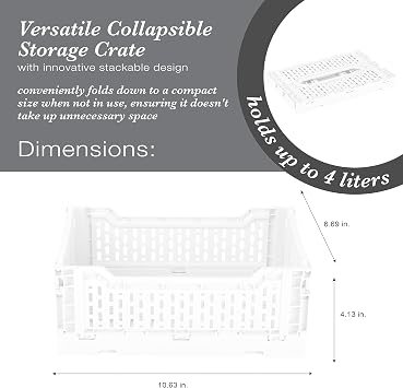 Simplify 4LT Collapsible Storage Crate | Small | Foldable | Stackable | Plastic Bin | Home Organization | Dorm | Office | Crafts | Shelf | White