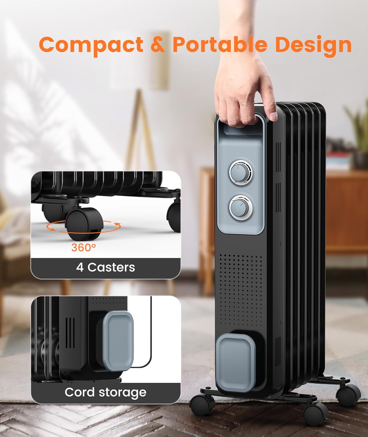 Image showing the side of the Joy Pebble oil filled radiator heater with the power cord neatly wrapped around the cord holder.