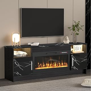 Marble Black Electric Fireplace TV Stand with Led Lights-Entertainment Center for Up to 80 inch TV-Modern TV Console for Living Room with Storage Cabinet, Metal Handles