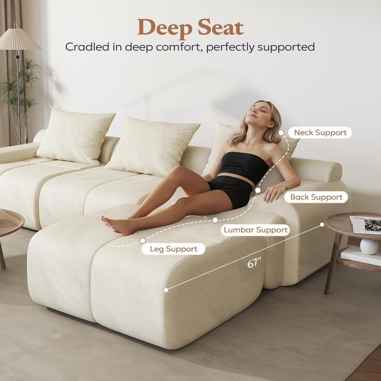 Furnify 114" Cloud-Loaf Modular Sectional Sofa with Ottoman, Soft Chenille Corduroy Couch for Living Room, 67" Deep Seat L-Shaped Sofa Set, Boneless Comfy Memory Foam Couches, No Assembly, Cream White | Modular Design