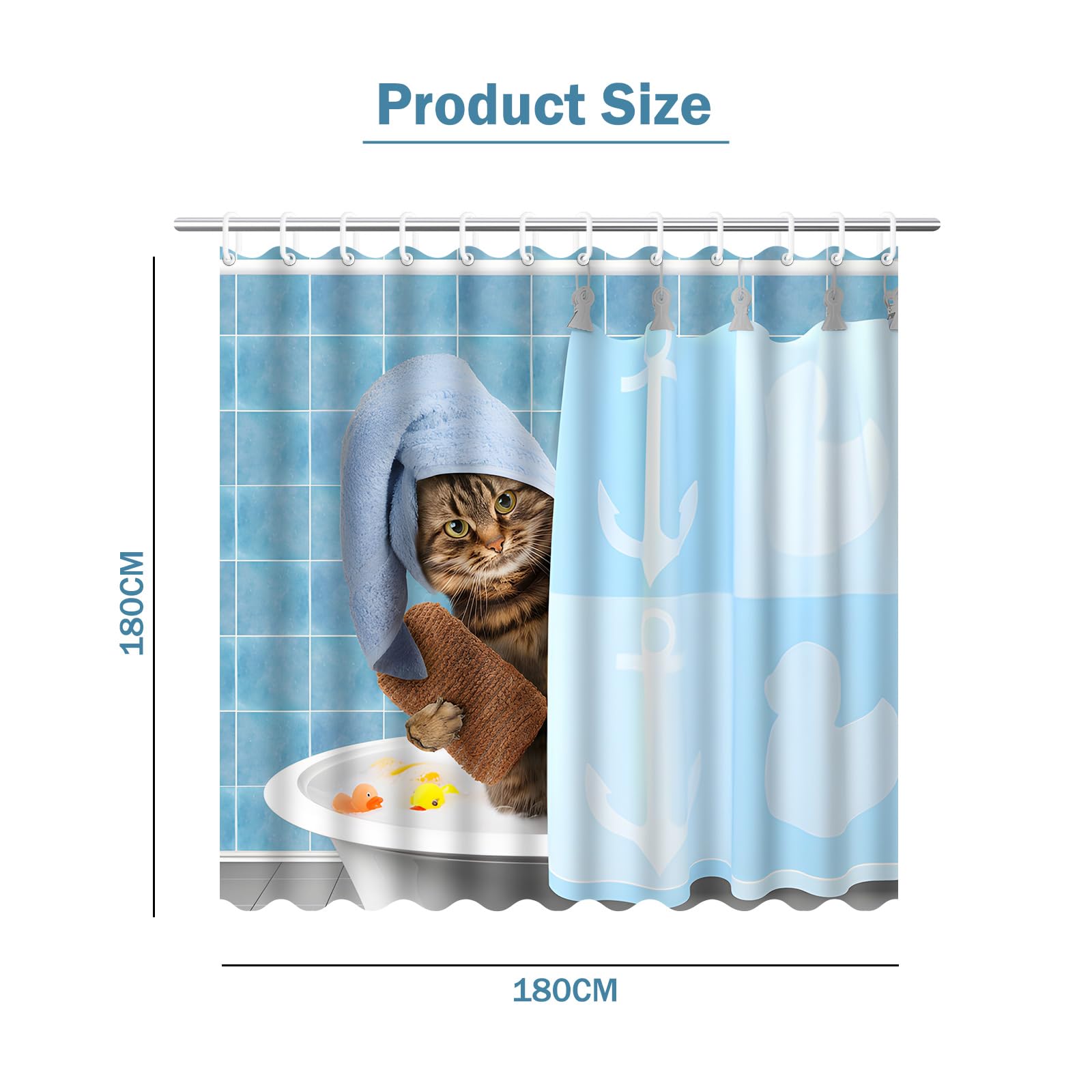 Tenda Da Doccia Con Gatti Divertente - 180x180 Cm Impermeabile, Blu, Con 12 Ganci - Foto 5