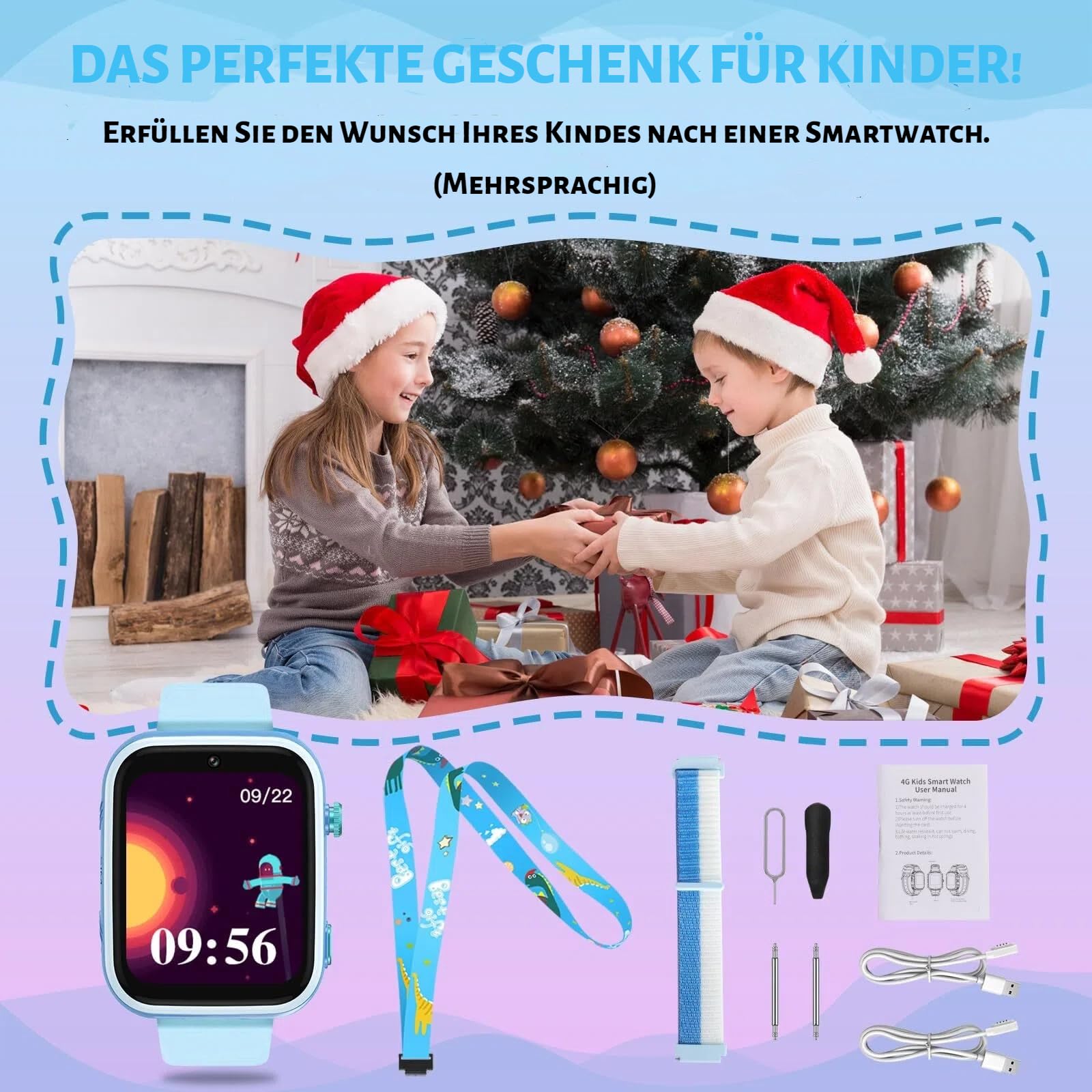 OKYUK Smartwatch dziecięcy 4G z trackerem GPS, dwukierunkowe połączenia, SOS, smartwatch z wieloma stylami pulpitu do wyboru dla 6-12 chłopców i dziewczynek (niebieski)