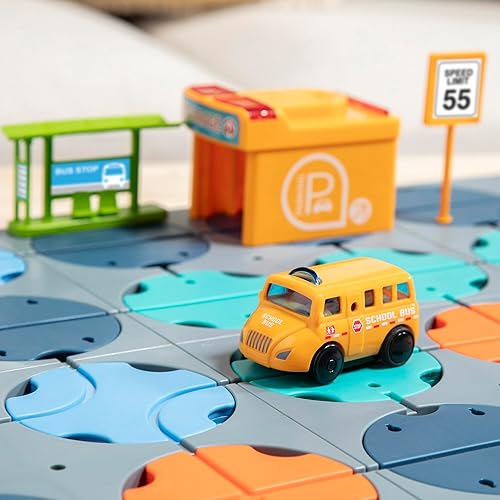 Miniatura 3 de MindWare Twist-a-Maze Roundabout Bus Route - Juego de vehículos de pista de rompecabezas para niños pequeños  Vehículo de dinosaurio a batería y