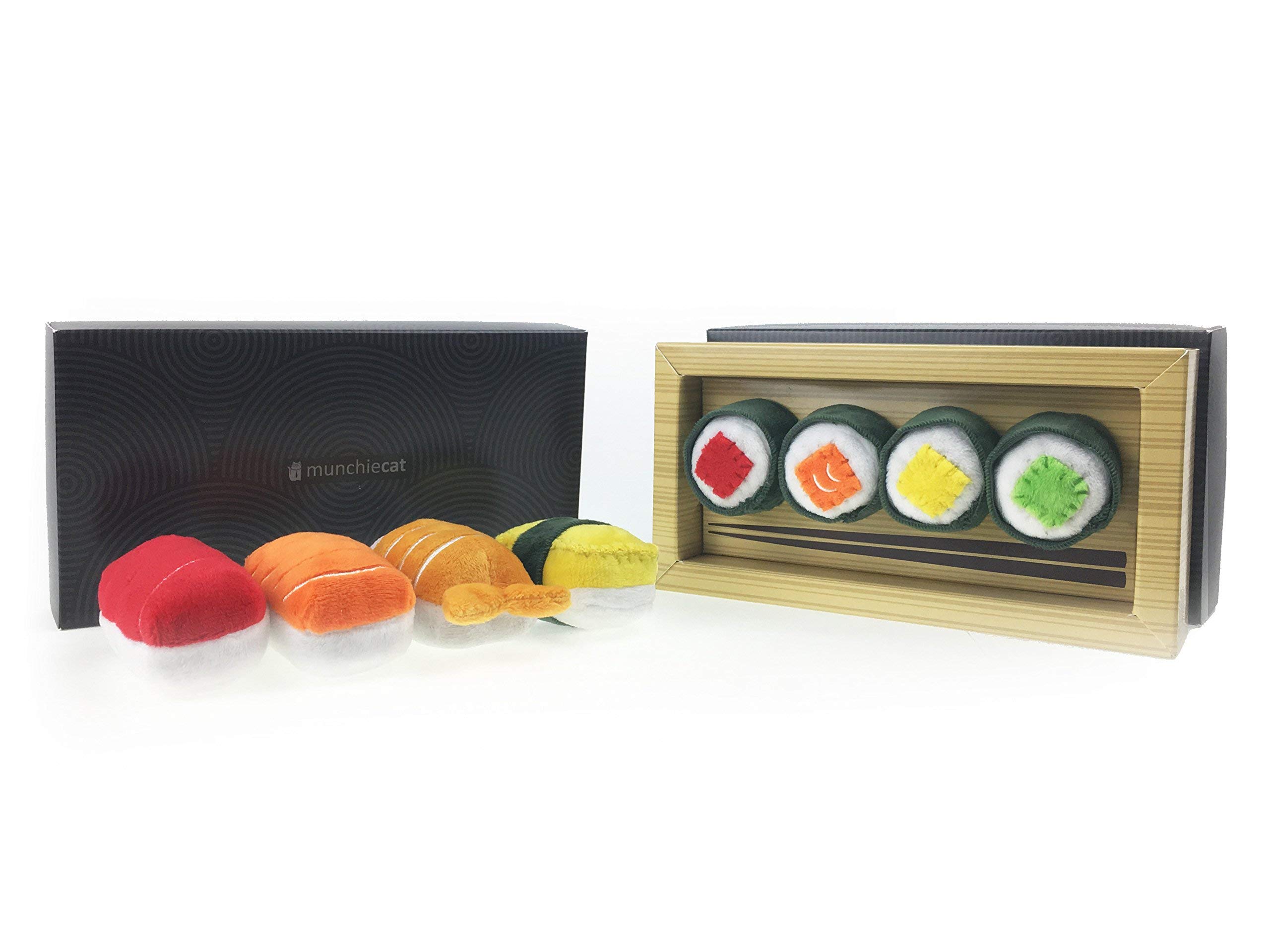 munchiecat Sushi Toys for Cats, Kittens Catnip Toy Crinkle Paper Bells Rattle Set in Bento Style Box, Maki and Nigiri (8-pc)