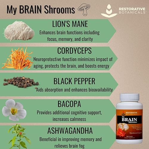 Miniatura 3 de My Brain Shrooms, Melena de León, Cordyceps, Ashwagandha, Bacopa, Pimienta negra, Cuerpos veganosorgánicosfructíferos