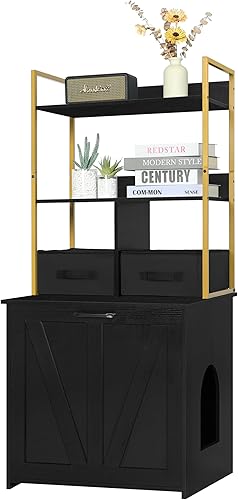 DWANTON Caja de arena con 2 estantes de almacenamiento y 2 cajones, caja de arena oculta 2 en 1 para gatos con estante, entrada reversible, cajones