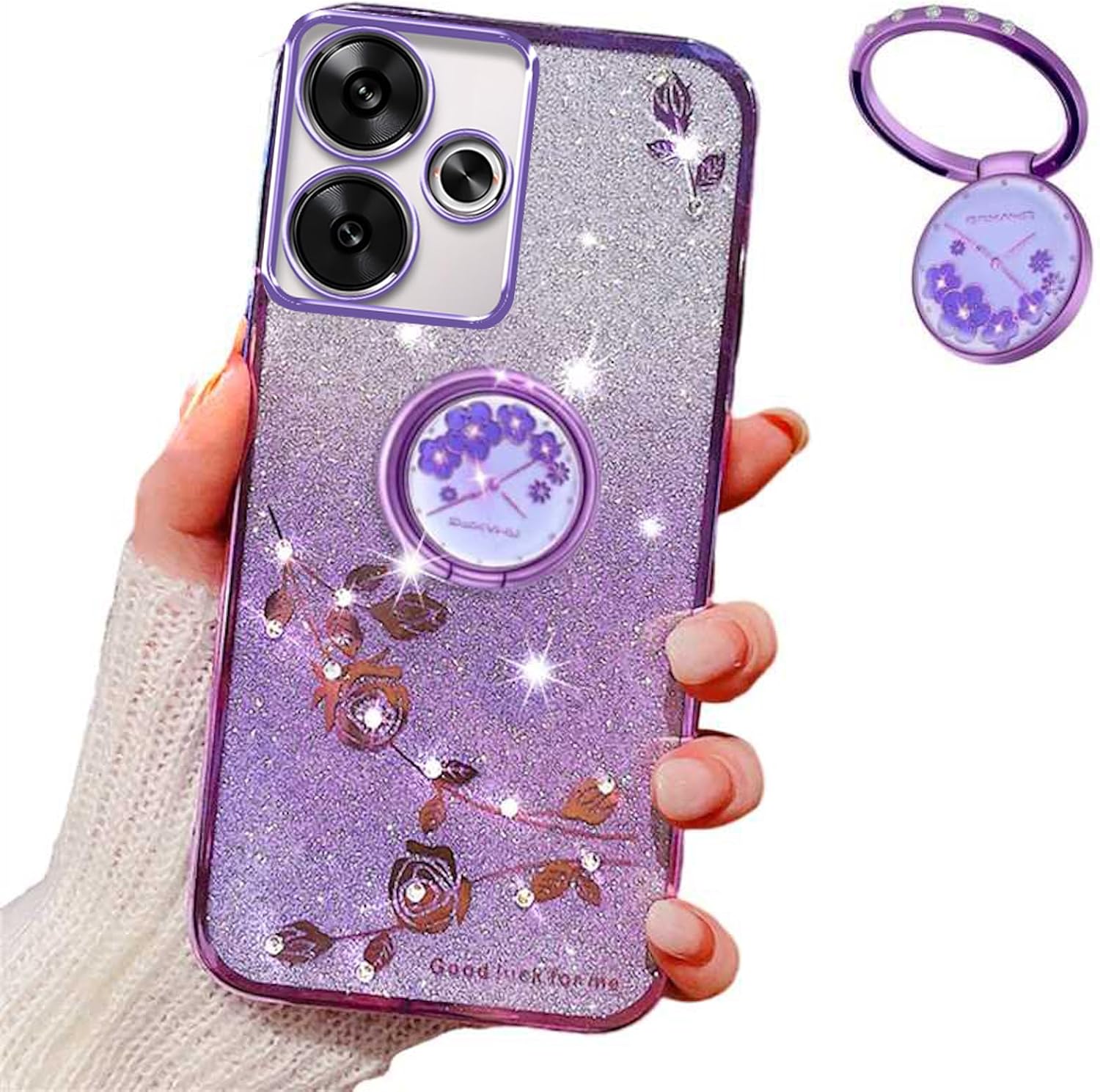 for Xiaomi Redmi Note 14 Case for Women Girls, Luxury Plating Bling Glitter Sparkle Flowers Shockproof Case with Ring Stand for Xiaomi Redmi Note 14.Flowers Purple