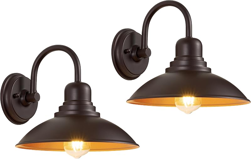 Pack de 2 lámparas de tocador de bronce para granero, aplique de pared de cuello de cisne para granja con enchufe E26, lámparas metálicas redondas para exteriores/interiores para baño, dormitorio, porche, entrada y garaje